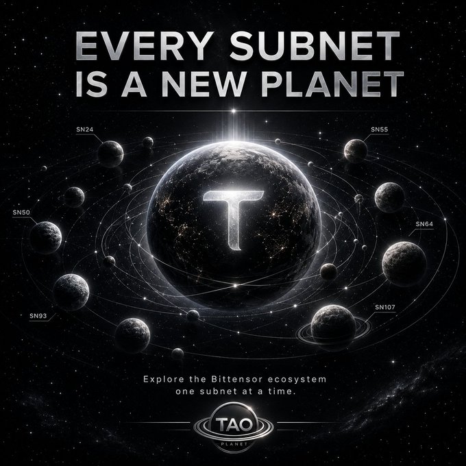 A dark space-themed promotional graphic with the text 'EVERY SUBNET IS A NEW PLANET' and 'Explore the Bittensor ecosystem one subnet at a time,' showing a central planet marked with a 'T' surrounded by orbiting moons labeled SN24, SN50, SN55, SN64, SN93, and SN107, with the TAO PLANET logo.