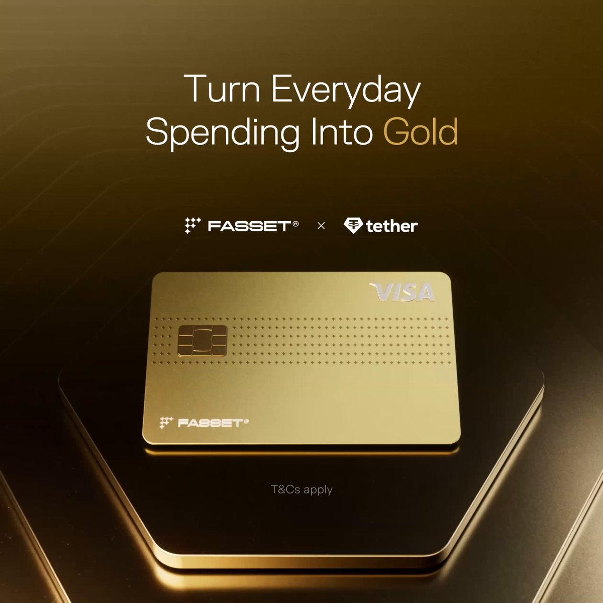 The image features a gold-colored Visa credit card placed on top of a black background, which has the text "turn everyday spending into gold" written above it. The text also includes the names of two companies collaborating on this project - @tether and @Fasset.