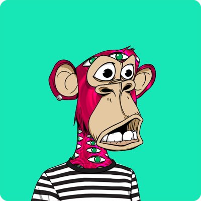 The image features a cartoon monkey with pink hair, wearing a striped shirt and having multiple eyes. The monkey appears to be looking at something or someone off-camera, giving the impression that they are engaged in conversation or observing an interesting object. The caption "#NewProfilePic #BAYC" is present, which could possibly be a reference to the creator of this image or a description of the content within it.

The monkey's position and facial expression suggest that they might be posing for a photo or participating in a promotional event related to the post.