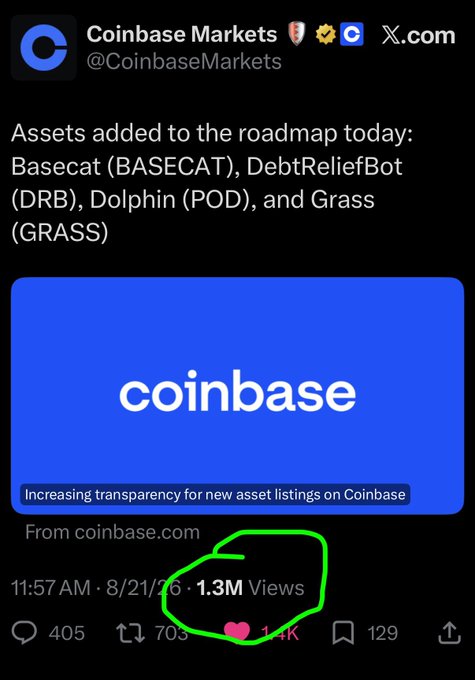 A Coinbase Markets tweet announcing new assets added to the roadmap: Basecat (BASECAT), DebtReliefBot (DRB), Dolphin (POD), and Grass (GRASS), with 1.3M views highlighted.