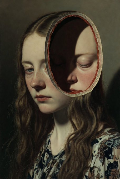 A surreal, classical-style portrait of a young woman with long brown hair and freckles, featuring a striking circular mirror-like element reflecting a sleeping face where part of her head should be.