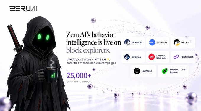 A ZeruAI promotional graphic featuring a hooded figure holding a mug, announcing their behavior intelligence platform with 25,000+ zappers onboard across multiple block explorers.