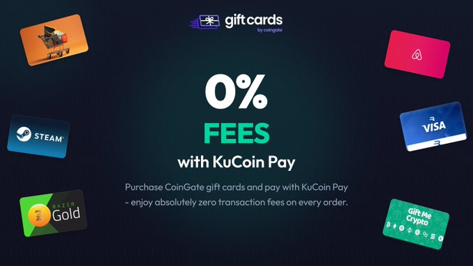 A promotional advertisement for 'gift cards by coingate' displays '0% FEES with KuCoin Pay' surrounded by various gift card images including Steam, VISA, Razer Gold, and Gift Me Crypto.