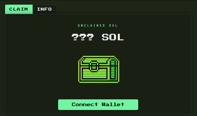 A pixel-art styled interface with a black background shows "UNCLAIMED SOL" and "??? SOL" above a green treasure chest icon, with a "Connect Wallet" button below. The image appears to be a scam/airdrop trap related to the accompanying Turkish post promoting a fake Solana token distribution site (sol-incinerator.com) claiming to distribute ~612,000 SOL ($62.5M) to traders.