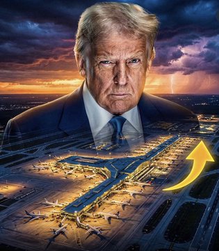 The image playfully depicts Donald Trump superimposed over an airport, symbolizing the newly renamed President Donald J. Trump International Airport, effective July 9th.