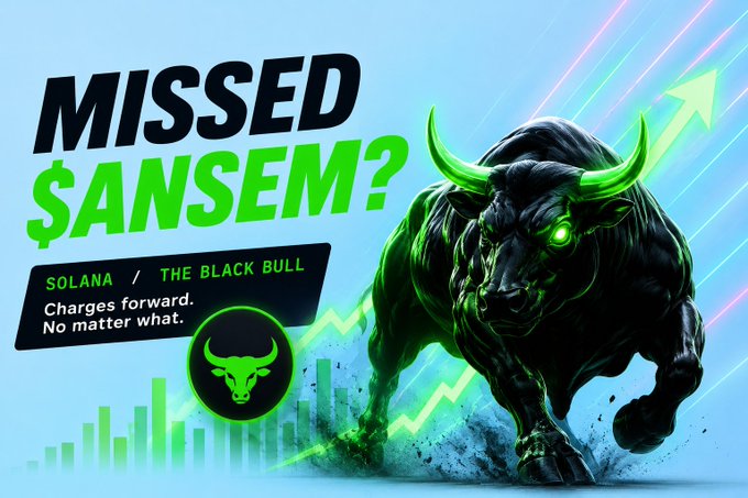 A bold promotional graphic featuring a charging black bull with glowing green accents, set against an upward-trending chart with the text "MISSED $ANSEM?" and the tagline "SOLANA / THE BLACK BULL — Charges forward. No matter what." The image visually reinforces the post's message about $ANSEM's recent $350M market cap milestone and the bullish momentum driving holders to seek out new Solana opportunities.