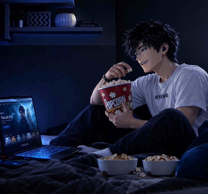 An anime-style illustration depicts a young man with glasses wearing a "STEVE" t-shirt, sitting on a bed in a dark room while eating popcorn and watching "The Last of Us" on his laptop.