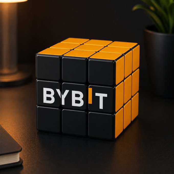 A 3D render of a Rubik's cube-style block with orange and black squares, displaying 'BYBIT' in white text on a desk with a lamp and plant in the background.