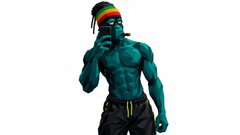 A 3D rendered athletic figure with teal skin wearing a red headband, headphones, and dark shorts, posed against a plain white background.