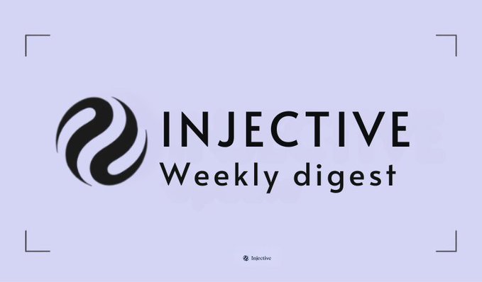 The image displays a header banner for the "INJECTIVE Weekly digest," featuring the Injective logo alongside the title text on a light purple background. It serves as a branded title card for the weekly update highlighting Injective's milestone of surpassing 3 billion transactions, its first $INJ stockdrop, and the launch of the cypherOS demo featuring shielded transactions.