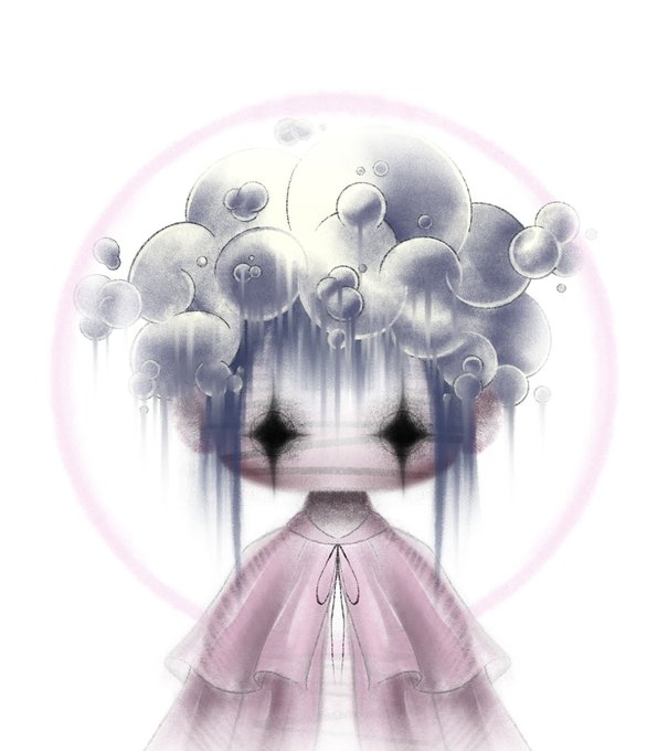 A delicate illustration depicts a child-like figure with a halo of translucent, bubble-like spheres above its head, dark hollow eyes, and a flowing pink dress. The ethereal artwork accompanies the post announcing "little pyo is exploring the world," referencing NFT #928 that sold for 0.0169 ETH.