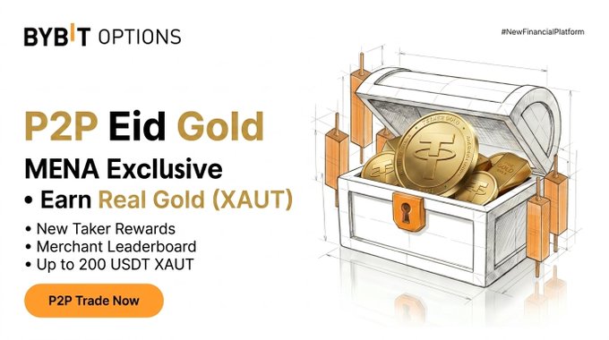 The image shows a gold chest with a bunch of gold coins inside, placed above an advertisement for trading options related to the Eid Gold Rush. The chest is described as having "MENA Exclusive Bybit P2P Eid Gold Rush Trade" written on it. The text promotes the "Bybit Options" platform and announces the release of Eid Gold via Bitcoin Cash Dash (BTC), where individuals can trade in Bitcoin Cash, a digital currency backed by ether. The image also provides instructions for users to log into the Bybit app to get started with trading options.
