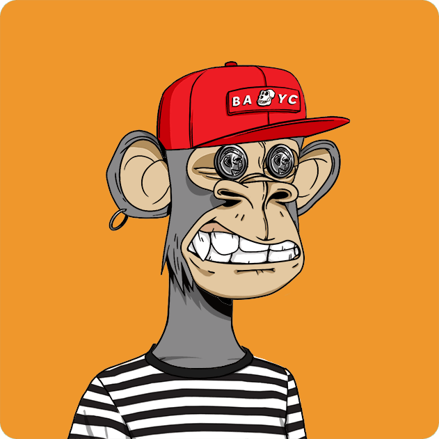 The image features a cartoon monkey wearing a red baseball cap with "BAYC" written on it, as well as a striped shirt. The monkey appears to be smiling and has a funny expression on its face. The background of the image is orange, which contrasts with the gray color of the monkey's fur. There are no texts or other objects in the image apart from the monkey itself.