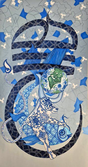 An intricate blue and white mural or tile art depicts a stylized figure with a green face holding up a large, ornate letter 'D' or similar symbol, set against a geometric patterned background.