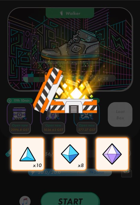 A screenshot from the STEPN app showing a "Walker" sneaker NFT at Level 28, with three GST mining rewards visible: 2096.8 GST, 1036.63 GST, and 977.37 GST, alongside gem rewards (x10, x8) for a 1h 10min energy session. The image relates to the post about hearing rumors of "Minsk Fever" in STEPN, likely referring to an in-game event or challenge location tied to the rewards shown.