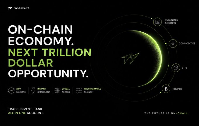 A digital ad for 'hotstuff' promoting an 'On-Chain Economy. Next Trillion Dollar Opportunity' covering Tokenized Equities, Commodities, ETFs, and Crypto, with the tagline 'The future is on-chain.'