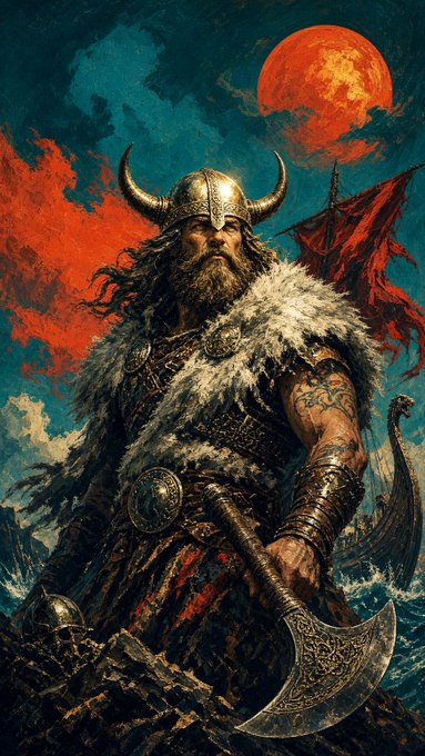 A stylized painting of a fierce Viking warrior with a horned helmet, fur mantle, and battle axe, standing before a longship under a large red moon.