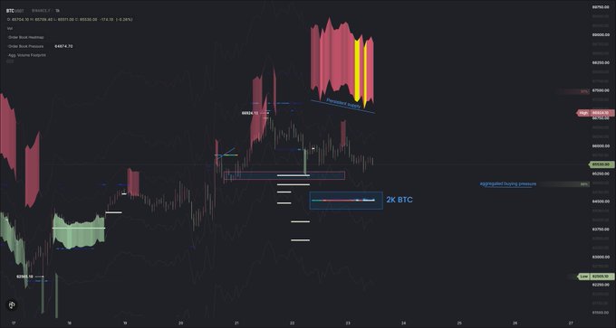 The image shows a BTC/USD trading chart on the Binance 1-hour timeframe with price around $65,131.66, featuring candlestick patterns, volume indicators, and annotations highlighting a "persistent 2k BTC" bid and "Aggregated Buying pressure" around the $65k level, visually supporting the post's analysis of significant buy-side liquidity supporting price near this zone.