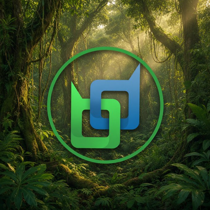 A circular green and blue logo featuring interlocking geometric shapes, superimposed over a lush sunlit jungle background with vines and tropical foliage.