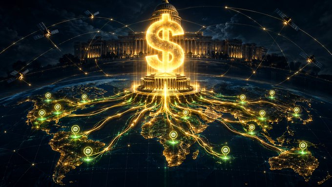 A glowing golden dollar sign rises above a U.S. Capitol-like building with networked connections stretching across a world map, symbolizing the proposed Treasury, State, and DFC plan to weaponize dollar stablecoins as a foreign-policy tool.