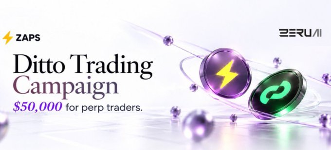 A promotional banner for a 'Ditto Trading Campaign' offering '$50,000 for perp traders', featuring ZAPS and BERUNI logos with purple crystal-like coins displaying lightning bolt and link symbols.
