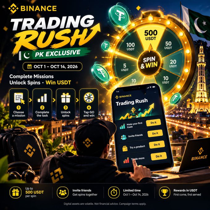 A Binance promotional graphic for the "Trading Rush" campaign exclusively for Pakistan users (Oct 1 – Oct 14, 2026) shows a glowing spin-and-win wheel offering USDT prizes up to 500, alongside a 4-step mission guide (choose mission, complete task, unlock spins, tap GO and win) displayed on a smartphone screen. The ad visually reinforces the post's message that users must complete trading-based missions—such as making a first trade, inviting friends, or trying a product—to earn spins for USDT rewards.