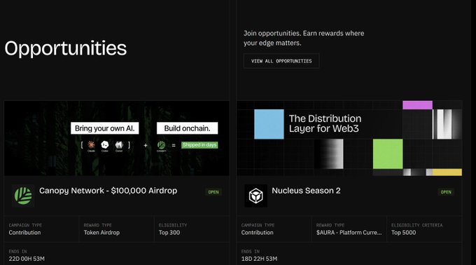 An 'Opportunities' webpage listing crypto airdrops and campaigns, including 'Canopy Network - $100,000 Airdrop' and 'Nucleus Season 2' with rewards in $AURA and tokens for top eligibility holders.