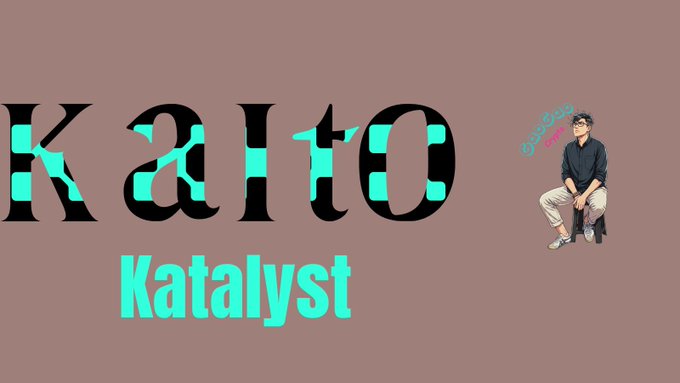 A graphic design with the text 'Kaito Katalyst' in black and teal letters features a small illustration of a seated man with glasses on a brown background.