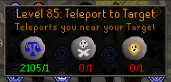 A game UI tooltip for Level 85: Teleport to Target, which 'Teleports you near your Target,' showing a mana cost of 2105/1 and two quest requirements at 0/1.
