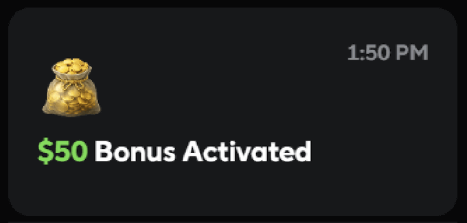 A notification at 1:50 PM showing a golden money bag icon with the text "$50 Bonus Activated," illustrating the bonus reward being offered alongside the Qzino VIP status giveaway for high-volume traders.