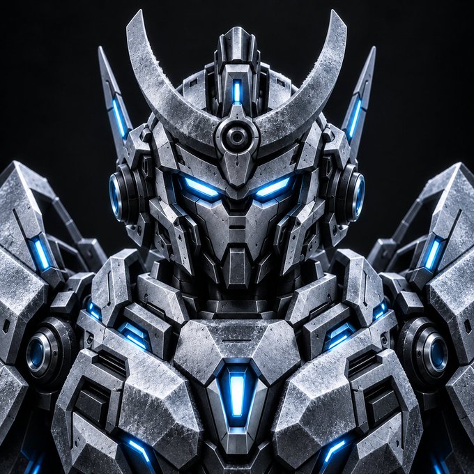 A detailed render of a futuristic robotic or mecha figure with a samurai-inspired horned helmet, glowing blue eyes, and weathered metallic gray armor.