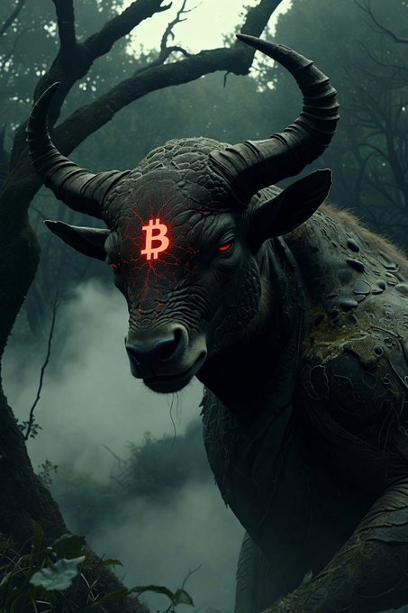 A dark, atmospheric digital artwork of a bull with glowing red eyes and a glowing red Bitcoin symbol on its forehead, standing in a misty forest.