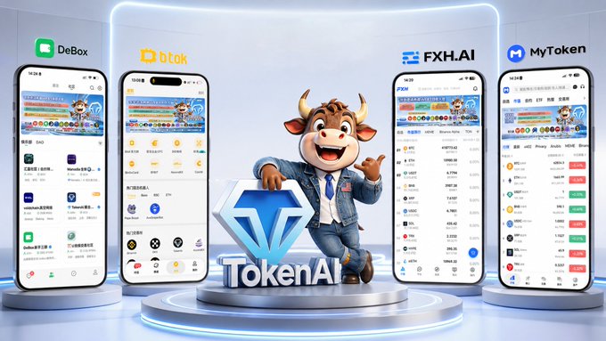 The image features four cell phones, each displaying different cryptocurrency information. The phones are arranged in a row against a blue background. In front of these phones, there's a cartoon bull character wearing a suit and tie holding up a sign that says "Taken AI". This bull character is positioned on a platform with the text "DeBox_Social @Btok @FeiXiaoHao X @MyTokencap @TokenAI Global tokenAi" written below it. The image also includes a caption that reads, "Focus on what is in the image and how it relates to the post".