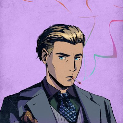 An illustration of a blonde man in a gray suit and dark shirt with a patterned tie, smoking a cigarette, set against a light purple background with faint ribbons.