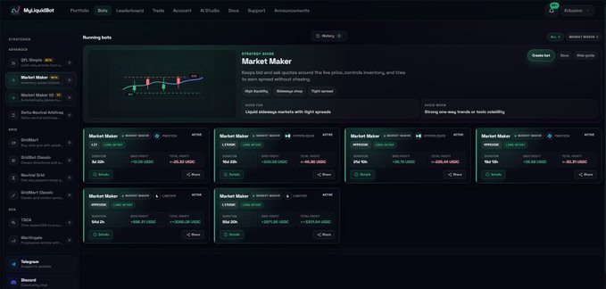 The image shows the redesigned "Bots" page on a LiquidBot platform, featuring a highlighted Market Maker bot at the top with details like "Liquidiate orders across the live price," "Liquid sidestep markets with tight spreads," and "Strong one-way trends or toxic volatility," alongside multiple bot options including WLD, LTC, INJ, WOO, ETH, and BNB pairs. This visual supports the post's announcement about the new bots page design where users can click on any bot to learn its function before creation, with an emphasis on the newly added arbitrage bot for farming funding fees.