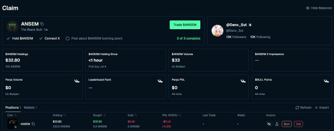 A crypto trading interface displaying a claim page for the $ANSEM token with holdings of $32.80, including positions and PNL data for user @Donx_Sol.