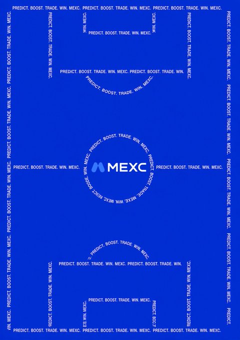 A vibrant blue promotional graphic features the MEXC logo at the center, surrounded by a circular border repeating "PREDICT. BOOST. TRADE. WIN. MEXC," with the same phrase scattered throughout the background in various orientations, reinforcing the trading challenge theme tied to the #MEXCKickoffFest Round of 16 prediction campaign.