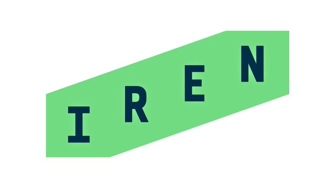 The image displays the IREN logo in dark teal letters on a green parallelogram background, representing Iris Energy Limited ($IREN), a company highlighted in the post for its significant AI Cloud revenue growth from $3.1M in FY24 to a projected $128.8M in FY26, along with its strong contracted ARR and premium AI Cloud pricing reaching $20M+/MW in recent deals.