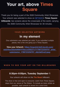 An email notification confirming artwork titled 'In my element' by Rob Slussen was selected to be displayed on NFTNYC's Times Square billboards, scheduled for 8:30pm-9:00pm on Tuesday, September 1.