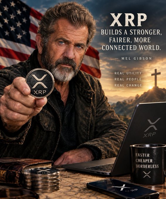 A promotional image for XRP cryptocurrency shows a man resembling Mel Gibson holding an XRP coin. The text reads 'XRP BUILDS A STRONGER, FAIRER, MORE CONNECTED WORLD. — MEL GIBSON', alongside other text like 'REAL UTILITY', 'REAL PEOPLE', 'REAL CHANGE', and 'FASTER CHEAPER BORDERLESS' on a mug.