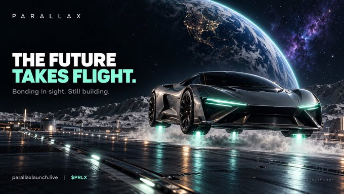 A promotional concept art image for 'PARALLAX' with the text 'THE FUTURE TAKES FLIGHT. Bonding in sight. Still building.' showing a futuristic car hovering with green thrusters.