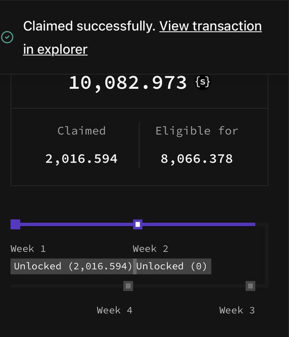 A digital wallet interface displays a successful claim of 10,082.973 {$} tokens, with 2,016.594 SOMI claimed and 8,066.378 still eligible for future weekly unlocks across a four-week schedule. The image visually confirms the Reddit poster's update about claiming their weekly SOMI token rewards through completing Odyssey tasks.