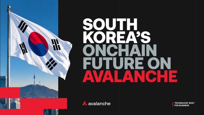 Promotional banner featuring the South Korean flag and Seoul skyline with text reading 'SOUTH KOREA'S ONCHAIN FUTURE ON AVALANCHE' alongside the Avalanche logo and 'TECHNOLOGY BUILT FOR BUSINESS' tagline.