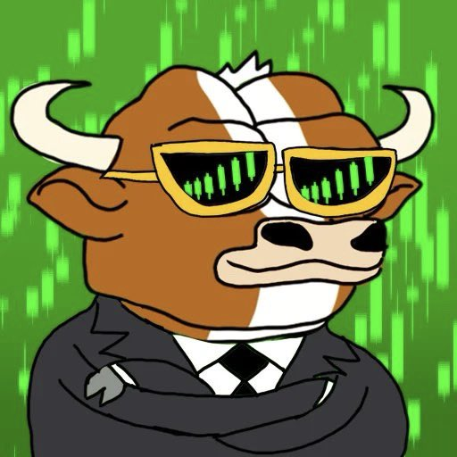A cartoon illustration of a bull in a business suit wearing green sunglasses that display equalizer-style bars, set against a green stock chart background.