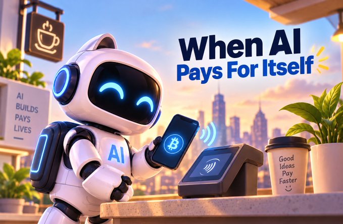 A cartoon-style illustration titled 'When AI Pays For Itself' shows a smiling white robot holding a smartphone displaying a Bitcoin symbol, making a contactless payment at a coffee shop counter with a payment terminal.