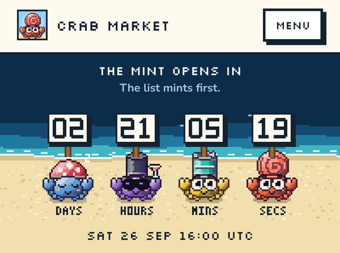 A pixel art 'CRAB MARKET' countdown page showing 02 days, 21 hours, 05 minutes, 19 seconds until mint opening on SAT 26 SEP 16:00 UTC.