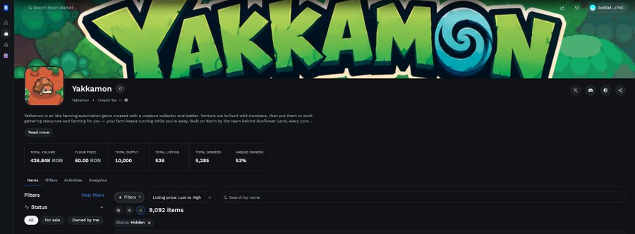 A screenshot of an NFT marketplace page for the collection "Yakkamon" on Magic Eden, showing a total volume of 426.84K RON.
