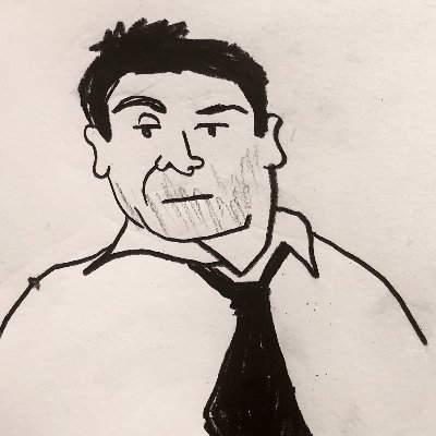 A simple black-and-white sketch of a man with short dark hair, wearing a white collared shirt and a dark tie.