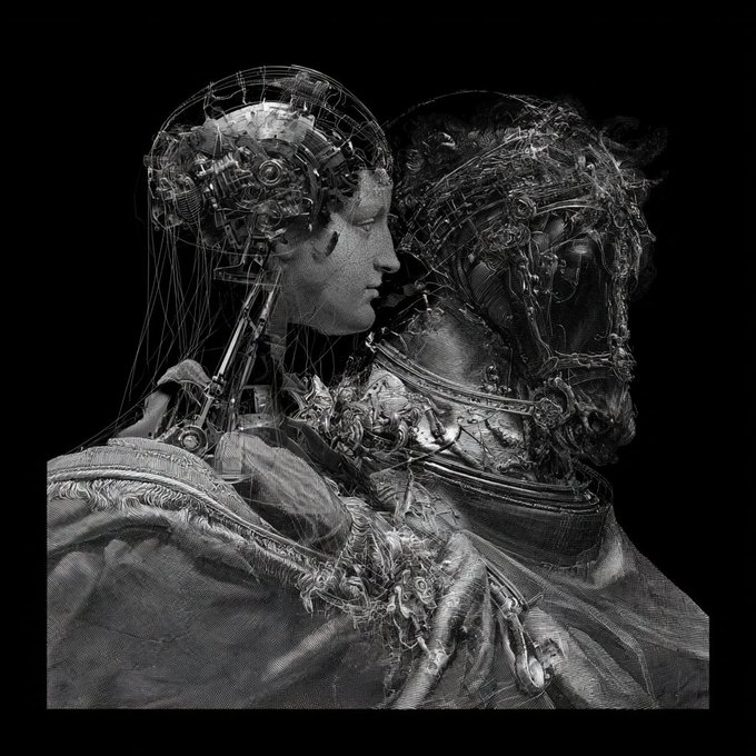 A monochromatic digital artwork featuring the profile of a woman with intricate mechanical, wireframe, and ornate detailing merging with what appears to be a horse's armored head against a black background.