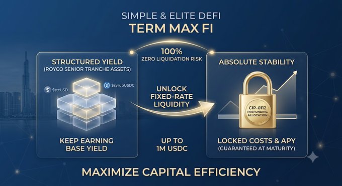 A DeFi promotional graphic for 'TERM MAX FI' advertising structured yield, 100% zero liquidation risk, absolute stability with locked costs and APY up to 1M USDC.